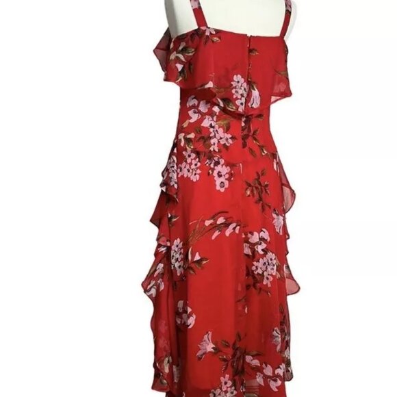 Taylor Ruffle Chiffon Dress 8 Red Floral Waterfall Sleeveless Lined V-Neck Frill - Picture 2 of 8